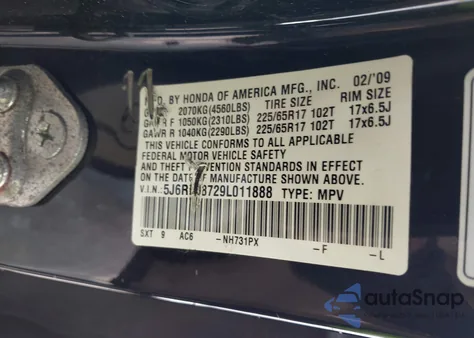 2009 Honda Cr-V Ex-L z USA, uszkodzony, nr VIN 5J6RE38729L011888